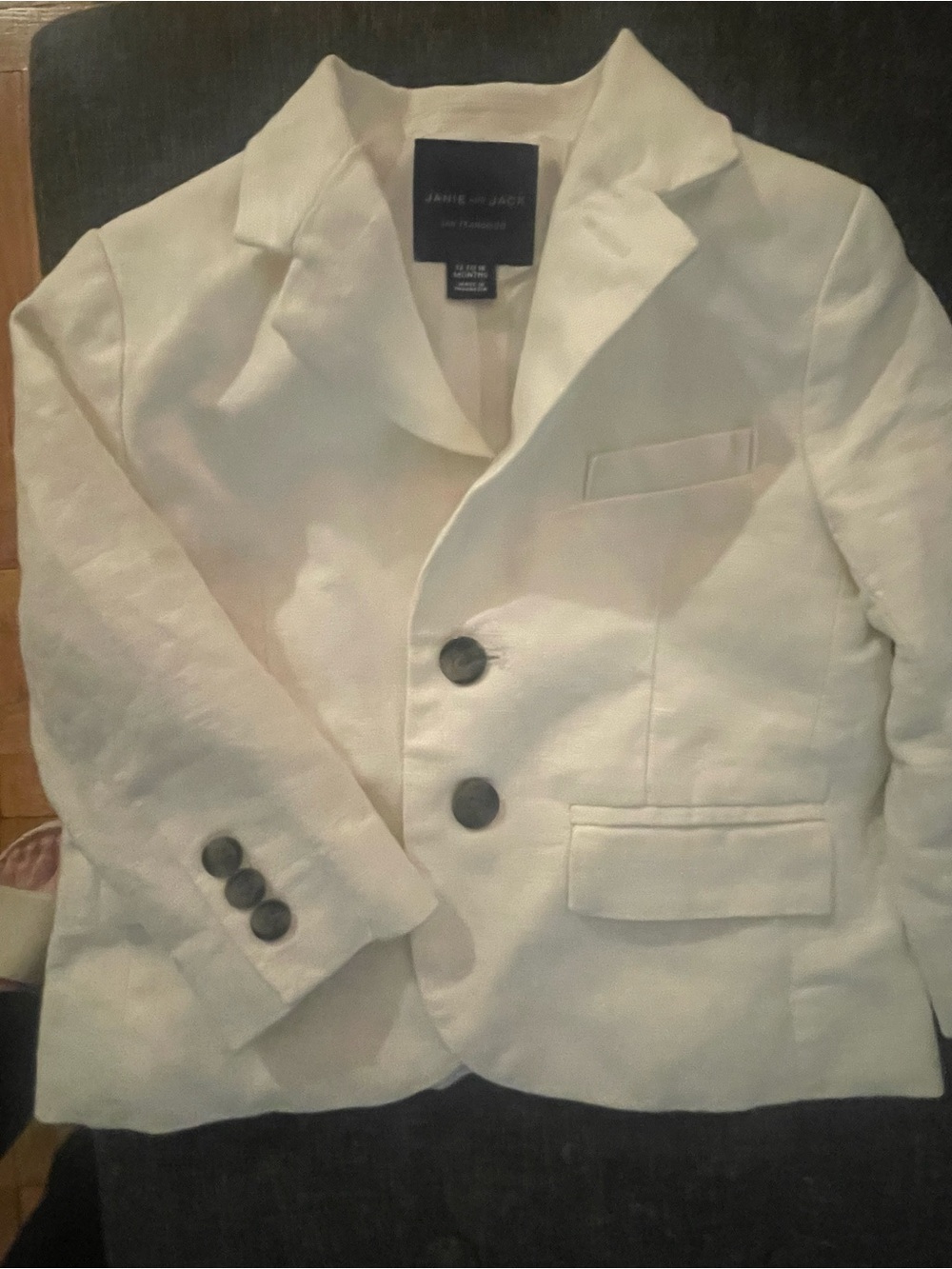 Janie and Jack Boys' Cream Notch Lapel Jacket. Size 12-18 months. Only worn once
